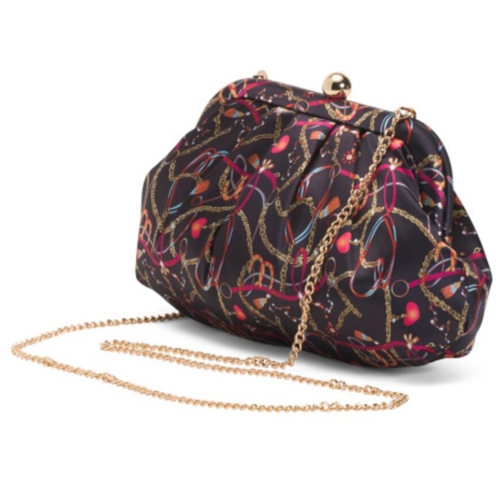 NWT Alessia Bianchi Clutch Purse Gold Chain Black Novelty Equestrian Print Satin